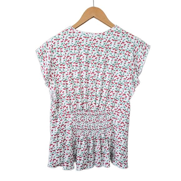 NEW FREE PEOPLE Cherry Print Bombshell Blouse Medium Top Retro Milkmaid Boho - Picture 10 of 11
